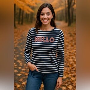 Boden Navy and White Striped Long Sleeve Tee with Embellished ‘Hello’ Size 6